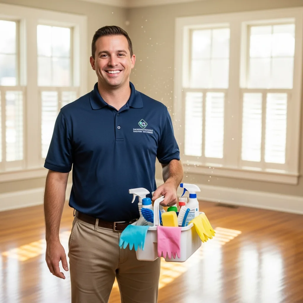 NU Drive Cleaning owner with a cleaning caddy inside a Thomasville, GA home he just finished cleaning