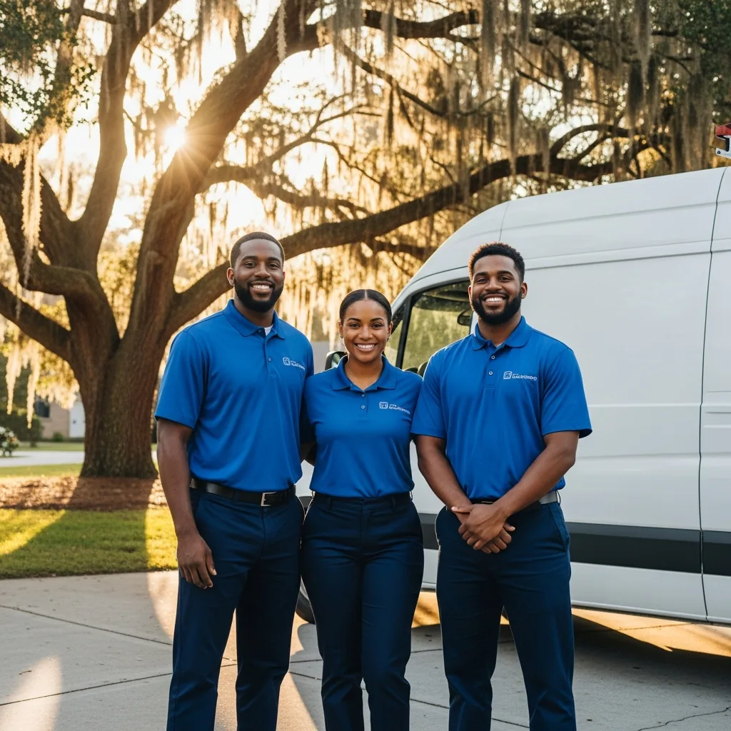 NU Drive Cleaning crew in navy uniforms standing in front of their work van in a Thomasville, GA driveway
