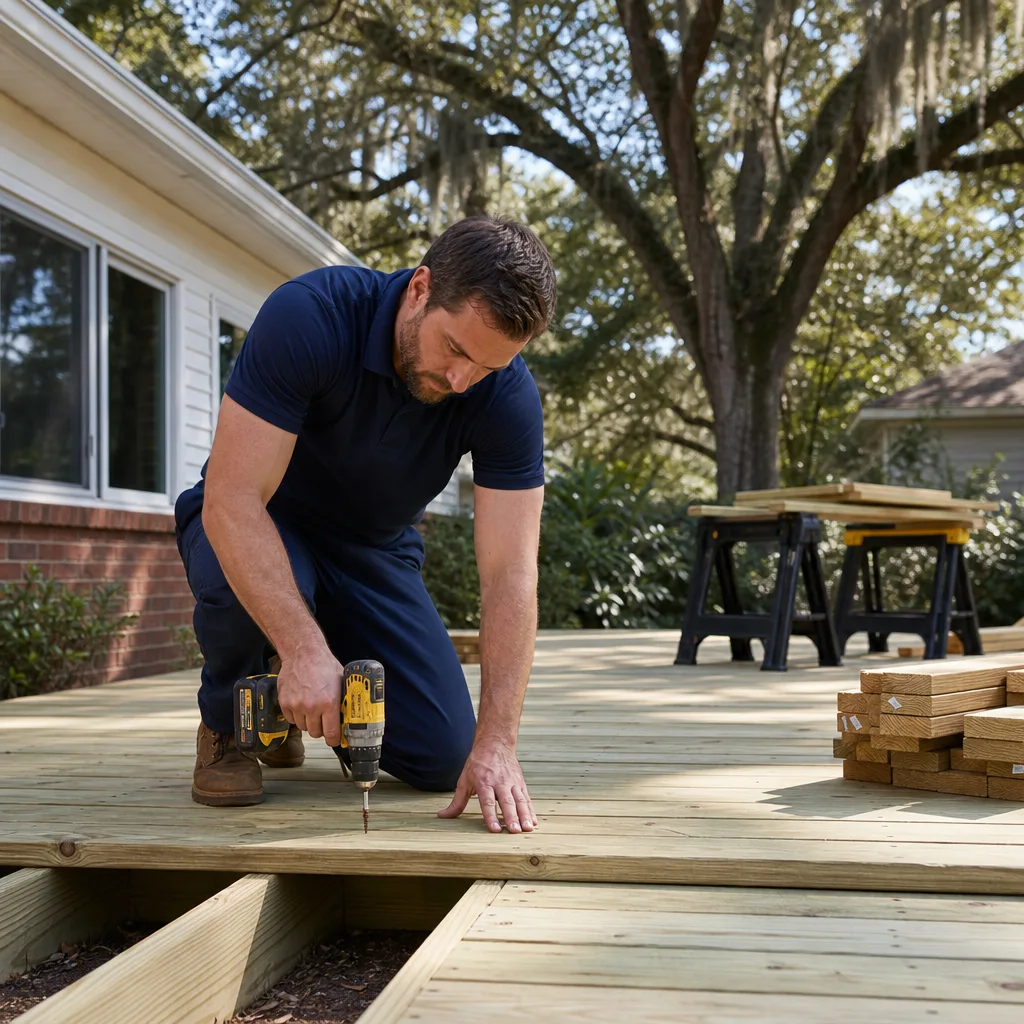 NU Drive Cleaning deck builder fastening pressure-treated deck boards at a Thomasville, GA home