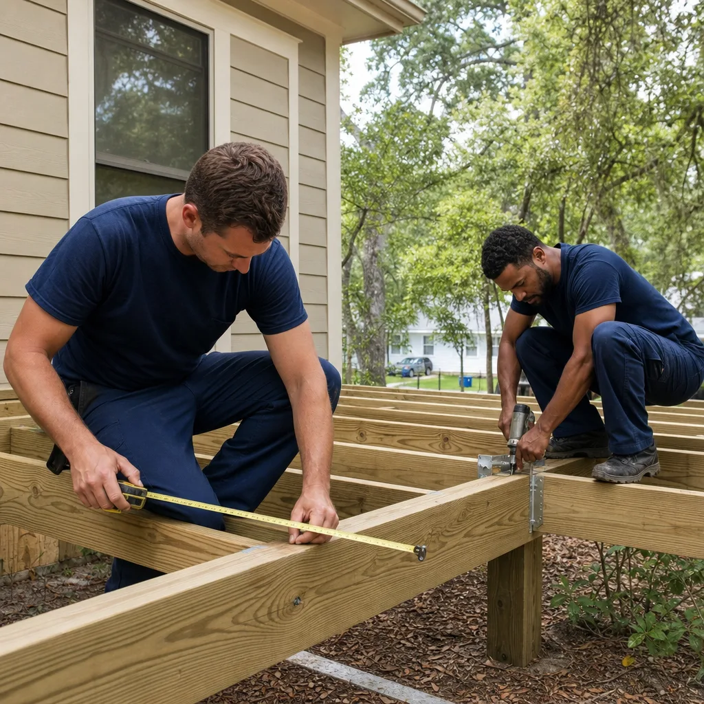 NU Drive Cleaning deck building crew framing a new backyard deck in Thomasville, GA