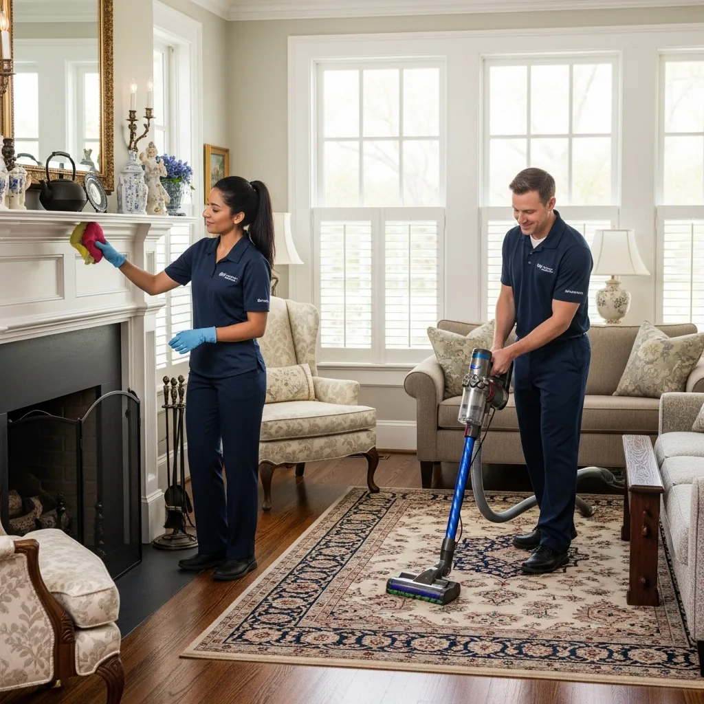 NU Drive Cleaning house cleaning team dusting and vacuuming a Thomasville, GA living room