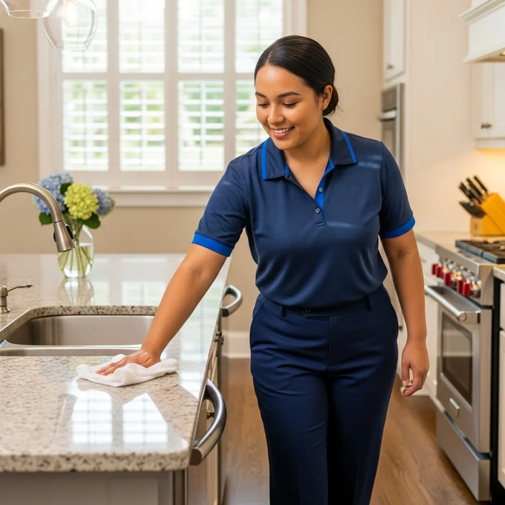 Professional house cleaner from NU Drive Cleaning wiping a kitchen counter in a Thomasville, GA home