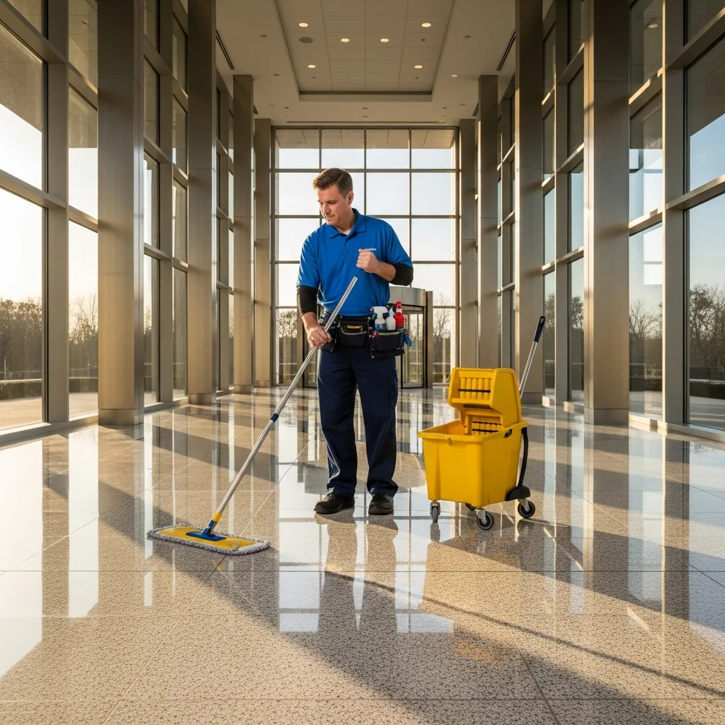 NU Drive Cleaning janitorial technician mopping the floor of a Thomasville, GA office lobby