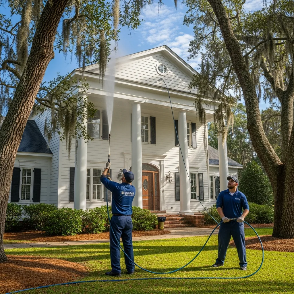 NU Drive Cleaning pressure washing crew soft-washing the siding of a Thomasville, GA home