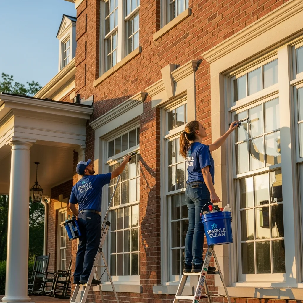 NU Drive Cleaning window cleaning team washing the windows of a stately Thomasville, GA home