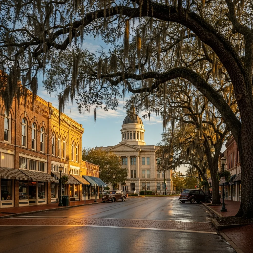 Historic downtown Valdosta, GA with Spanish-moss-draped live oaks — served by NU Drive Cleaning