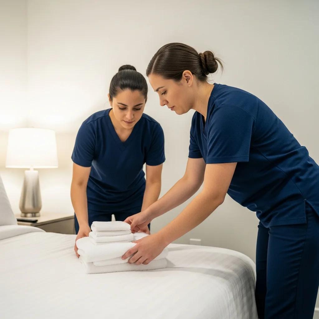 Airbnb Cleaning in Thomasville, GA — NU Drive Cleaning turnover technician placing fresh white towels on a guest bed in a Thomasville, GA short-term rental