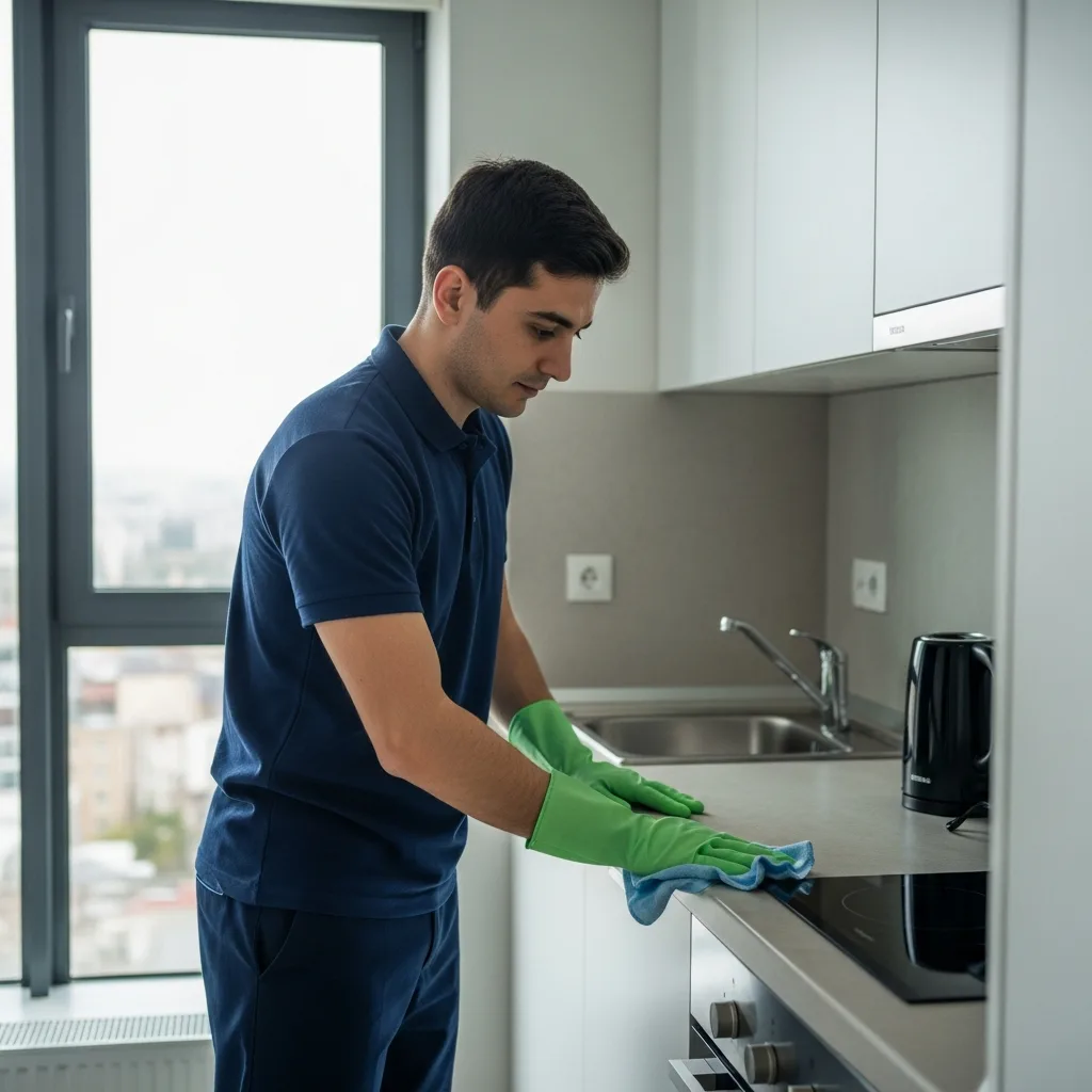 Apartment Cleaning in Thomasville, GA — NU Drive Cleaning technician wiping down the kitchen counter of a modern apartment unit in Thomasville, GA