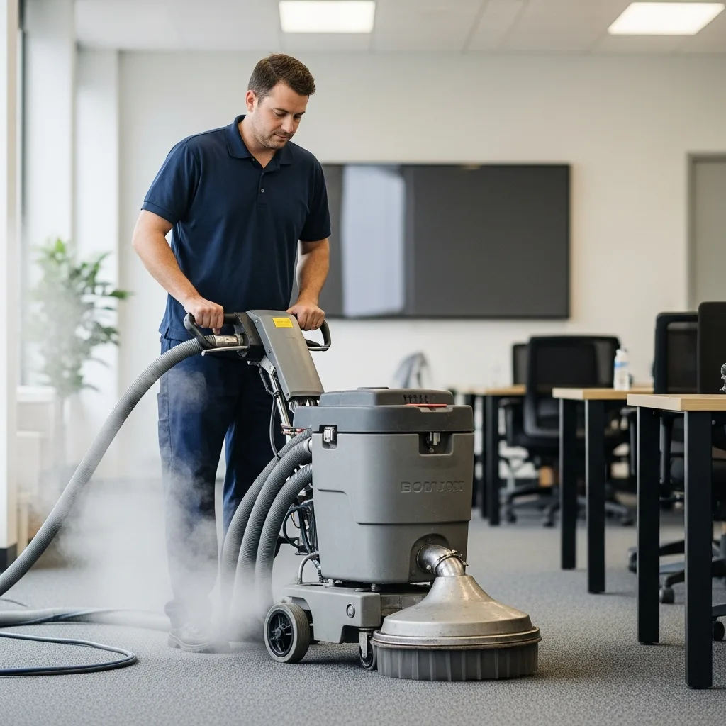 Commercial Carpet Cleaning in Thomasville, GA — NU Drive Cleaning technician operating a commercial carpet extractor in a Thomasville, GA office