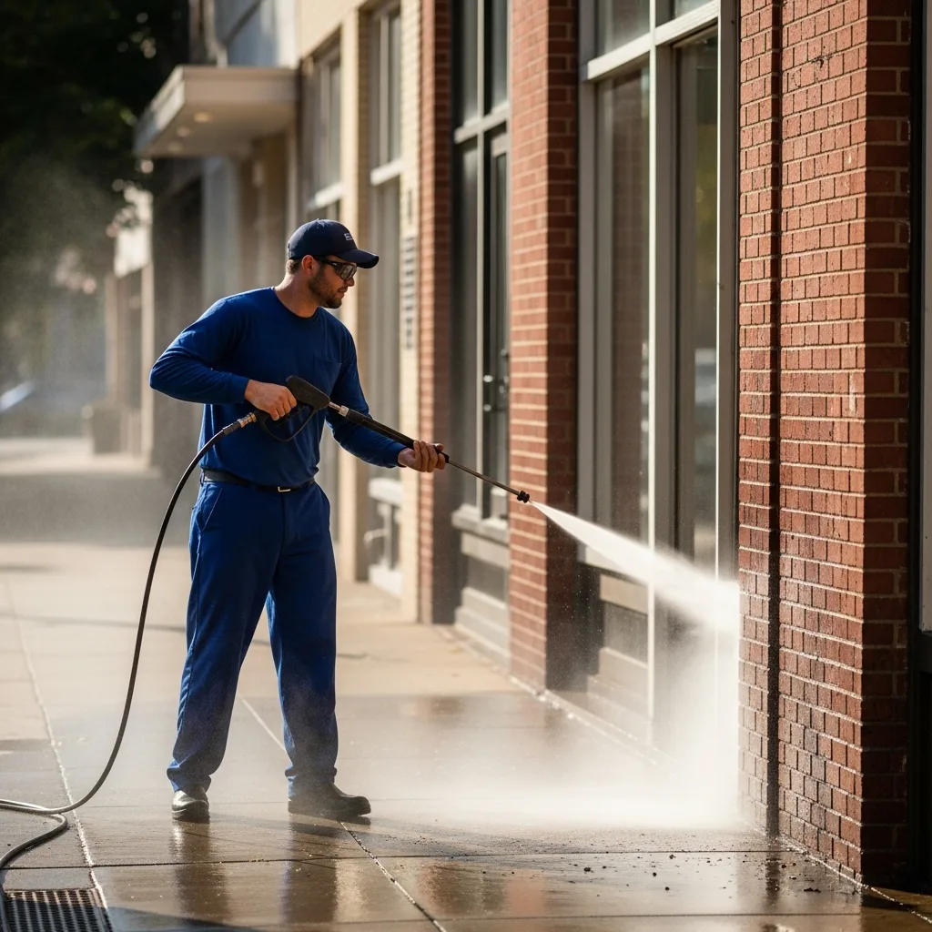Commercial Pressure Washing in Thomasville, GA — NU Drive Cleaning technician pressure washing the brick exterior of a downtown Thomasville, GA commercial building