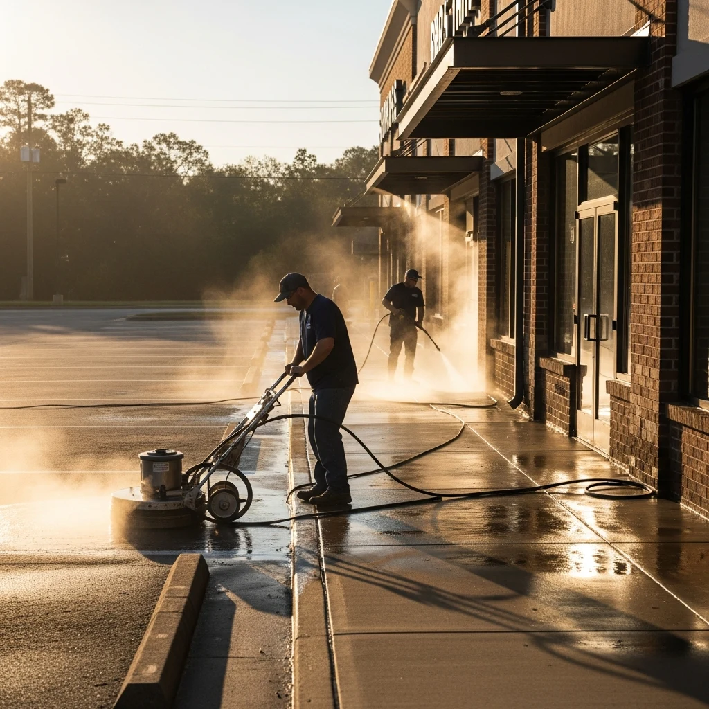 Commercial Pressure Washing in Thomasville, GA — NU Drive Cleaning crew pressure washing the sidewalk and entry of a Thomasville, GA retail storefront at dawn before business hours