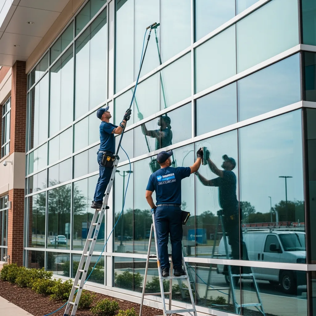Commercial Window Cleaning in Thomasville, GA — NU Drive Cleaning commercial window cleaning crew servicing a Thomasville, GA office building exterior