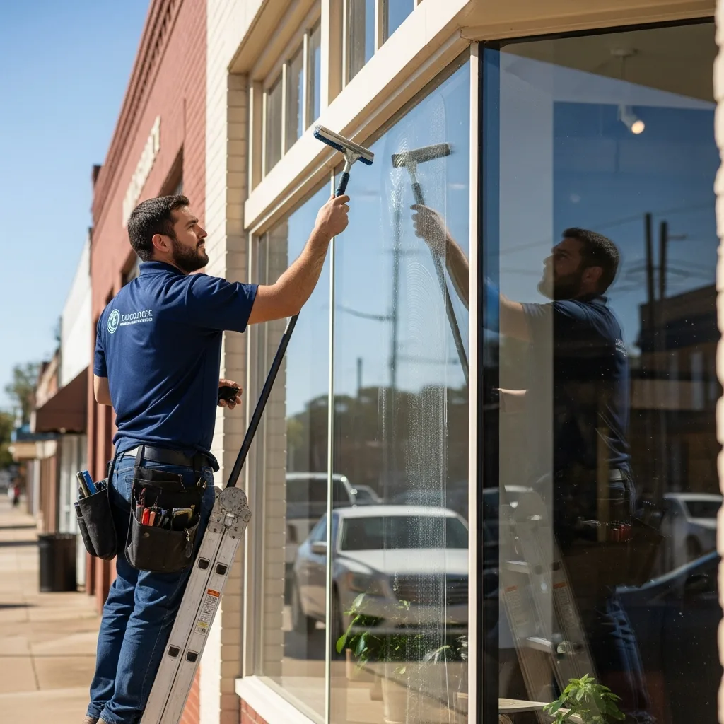 Commercial Window Cleaning in Thomasville, GA — NU Drive Cleaning technician squeegeeing a downtown Thomasville, GA storefront window