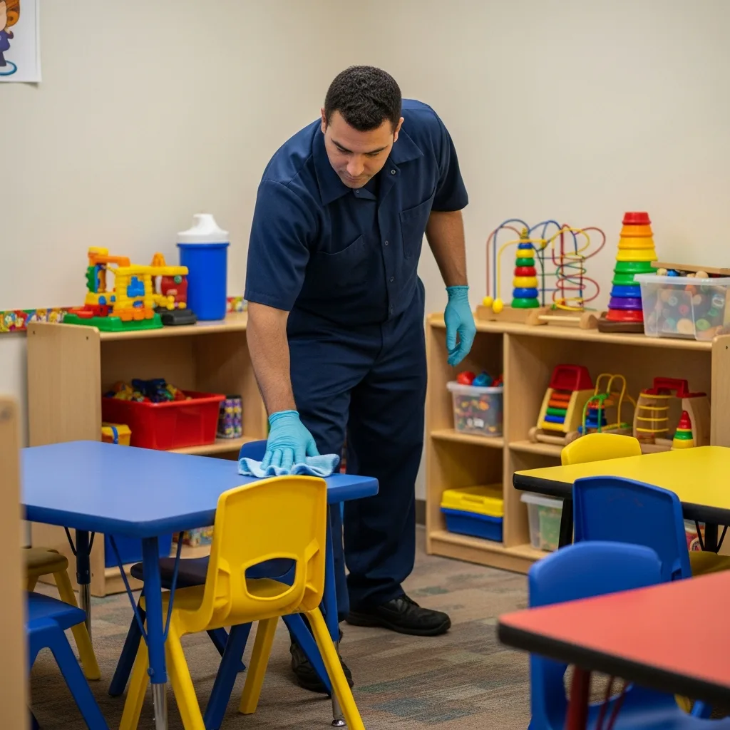Daycare Cleaning in Thomasville, GA — NU Drive Cleaning technician sanitizing small tables in a Thomasville, GA daycare classroom after hours