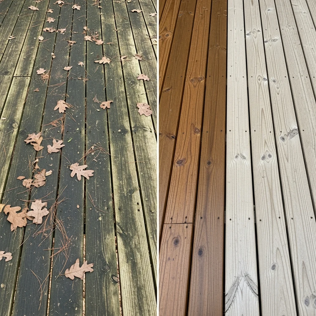 Deck Washing in Thomasville, GA — Weathered, unmaintained wooden deck in a Thomasville, GA backyard showing green algae, black mold and live oak debris next to a freshly pressure washed clean section