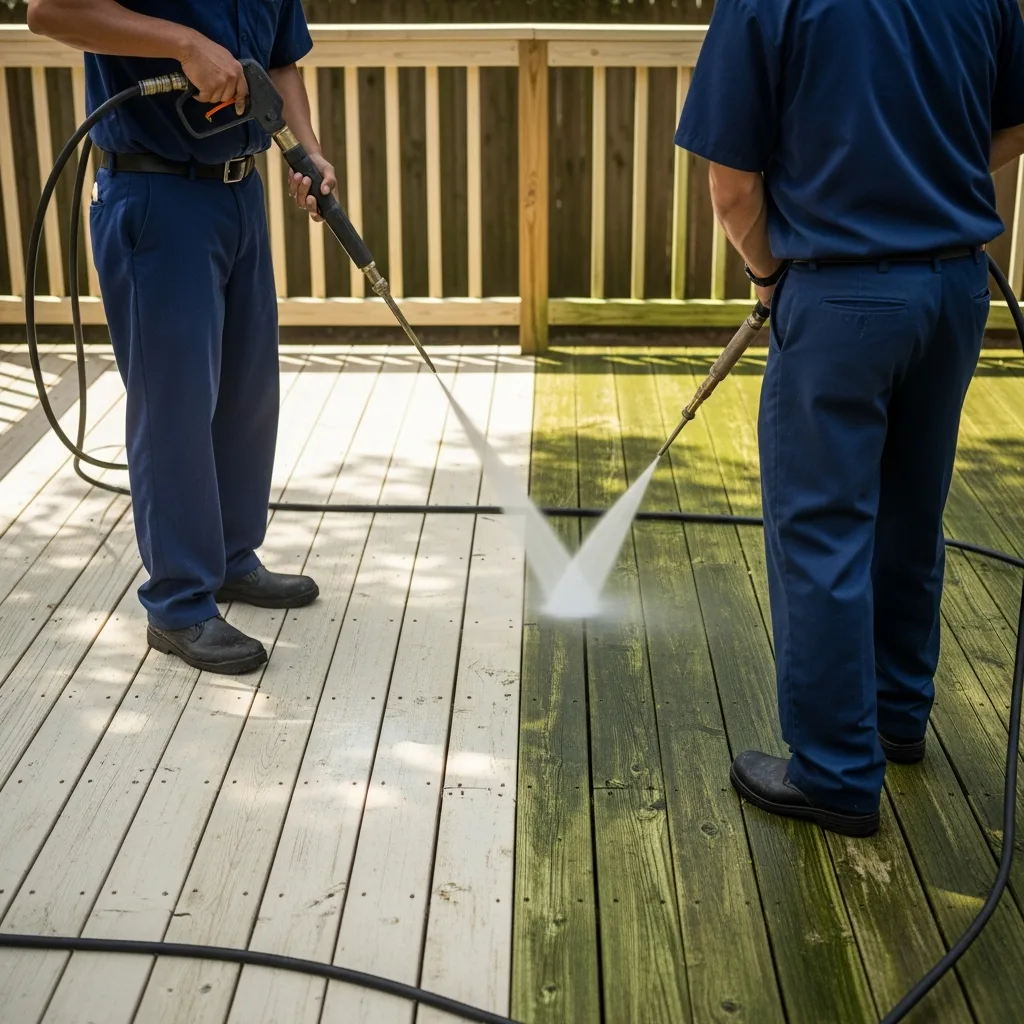 Deck Washing in Thomasville, GA — NU Drive Cleaning technician pressure washing a wooden backyard deck in Thomasville, GA