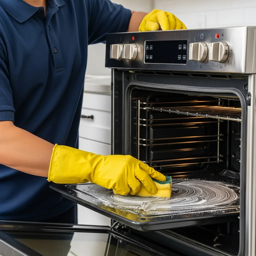 Deep Cleaning in Thomasville, GA — NU Drive Cleaning technician deep-cleaning the inside of a stainless steel oven in a Thomasville, GA kitchen