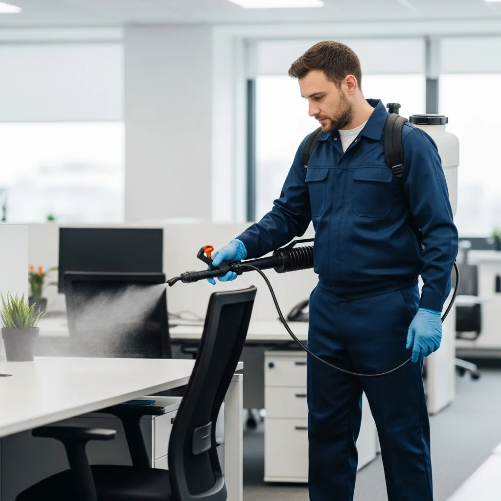 Disinfection Services in Thomasville, GA — NU Drive Cleaning technician applying electrostatic disinfectant spray to office furniture in Thomasville, GA