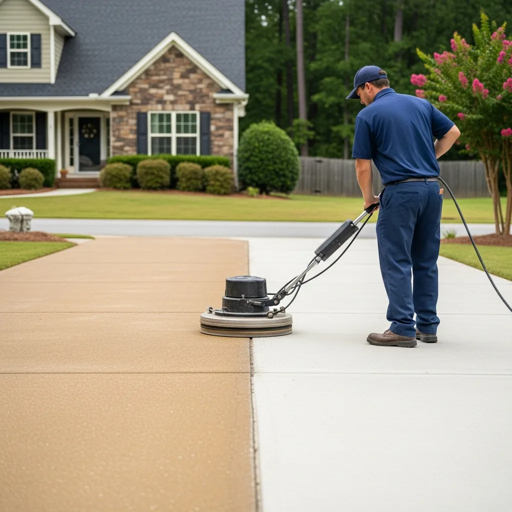 Driveway Cleaning in Thomasville, GA — NU Drive Cleaning technician cleaning a residential concrete driveway with a surface cleaner in Thomasville, GA