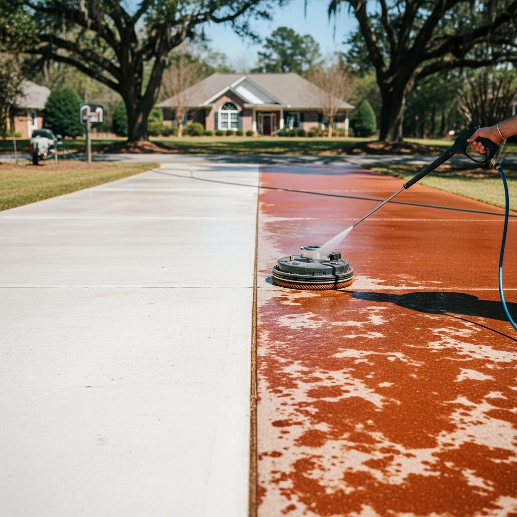 Driveway Cleaning in Thomasville, GA — Side-by-side comparison of a Thomasville, GA concrete driveway showing oil stains and red clay staining on one side and bright cleaned concrete on the other after NU Drive Cleaning pressure washing