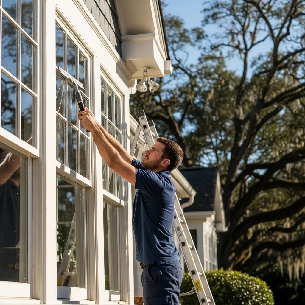 Exterior Window Cleaning (Interior Included) in Thomasville, GA — NU Drive Cleaning window cleaner squeegeeing the exterior windows of a Thomasville, GA home