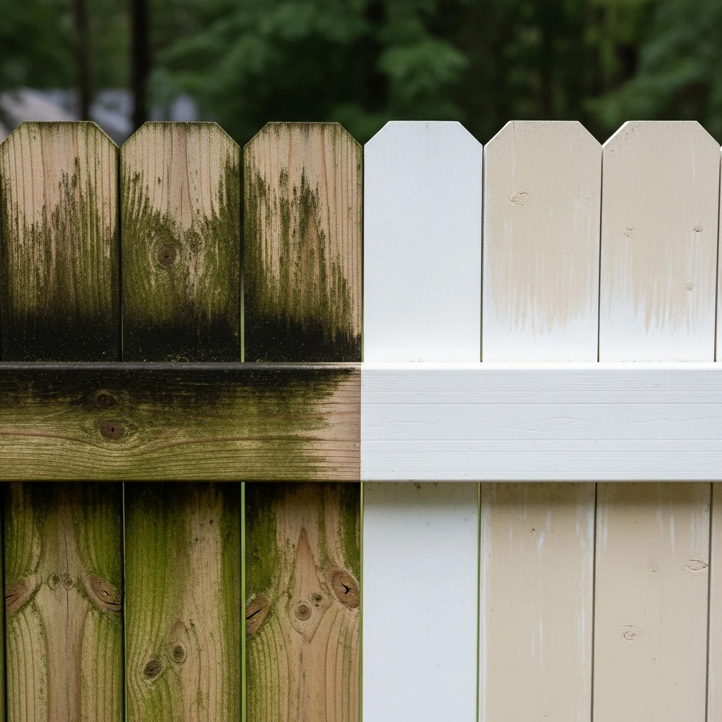 Fence Washing in Thomasville, GA — Backyard fence panel in Thomasville, GA showing visible green algae and black mold buildup on the dirty half next to a freshly cleaned bright section