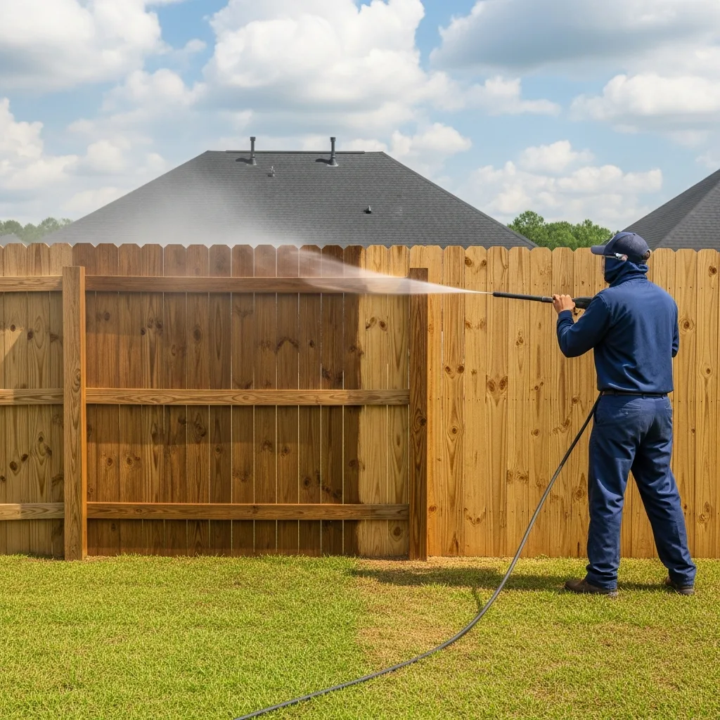 Fence Washing in Thomasville, GA — NU Drive Cleaning technician pressure washing a tall wooden privacy fence in a Thomasville, GA backyard