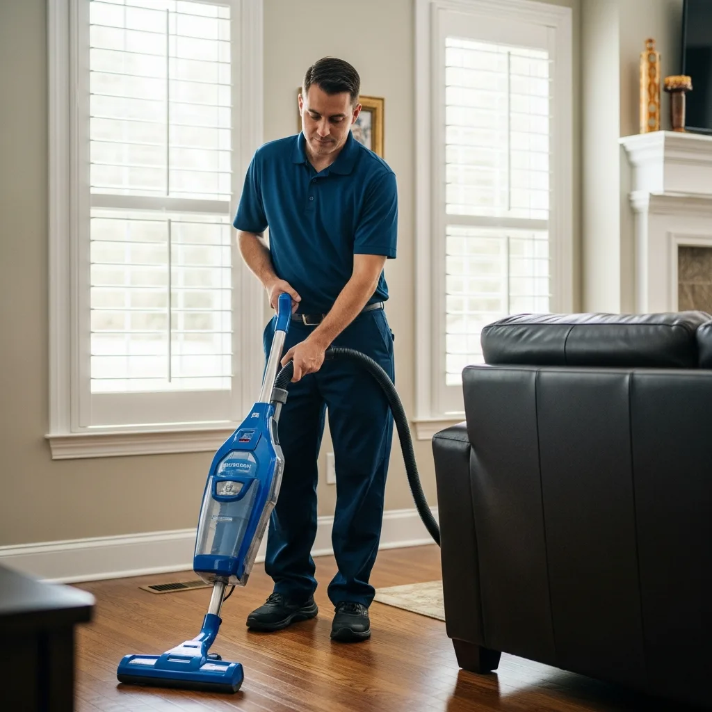 House Cleaning in Thomasville, GA — NU Drive Cleaning technician vacuuming a sunlit living room with hardwood floors in a Thomasville, GA home