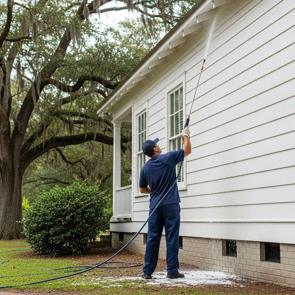 House Washing in Thomasville, GA — NU Drive Cleaning technician soft-washing the white siding of a southern style Thomasville, GA home