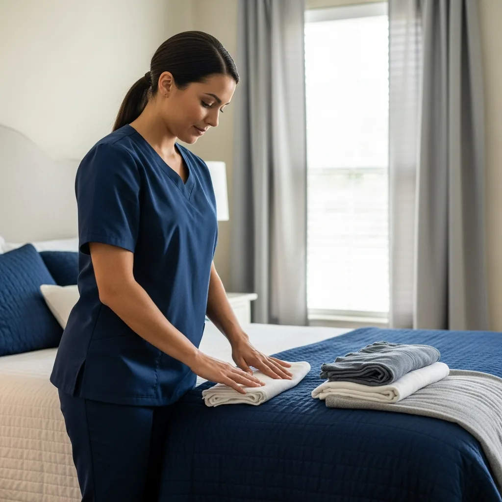 Housekeeping Service in Thomasville, GA — NU Drive Cleaning housekeeper folding fresh laundry in a tidy Thomasville, GA bedroom