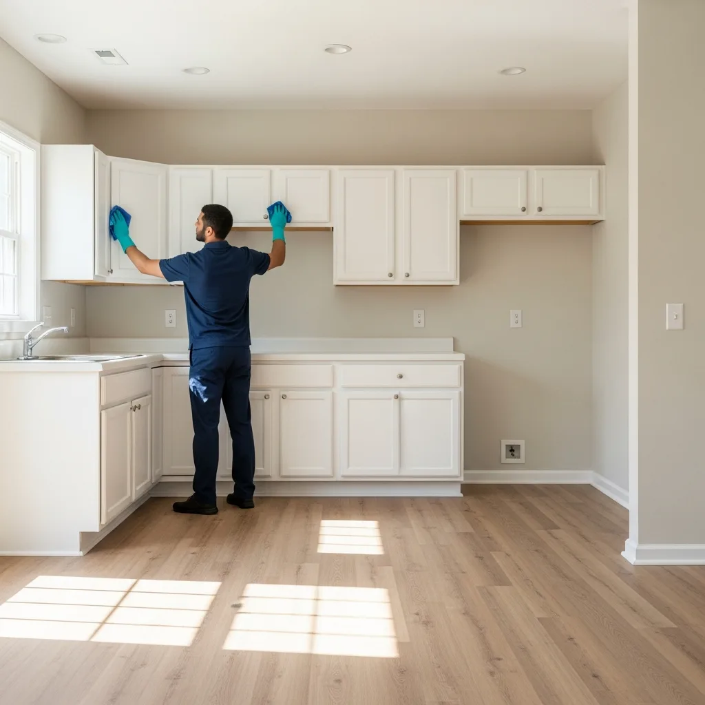 Move In / Move Out Cleaning in Thomasville, GA — NU Drive Cleaning technician wiping down empty kitchen cabinets during a move-out clean in a Thomasville, GA home