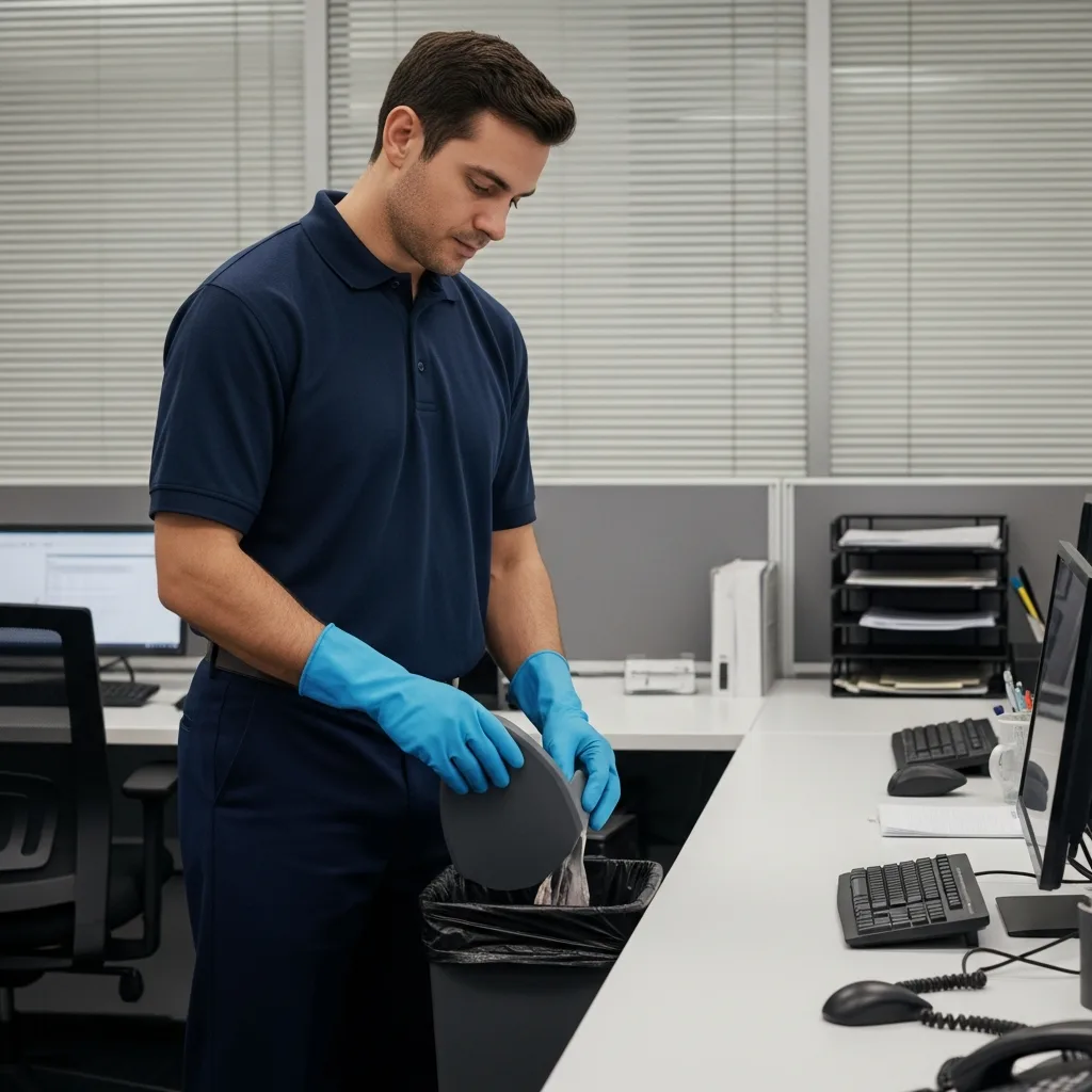 Office & Commercial Building Cleaning in Thomasville, GA — NU Drive Cleaning janitor servicing an office workstation after hours in a Thomasville, GA professional building