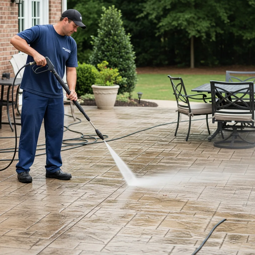 Patio & Concrete Cleaning in Thomasville, GA — NU Drive Cleaning technician pressure washing a stamped concrete back patio in Thomasville, GA