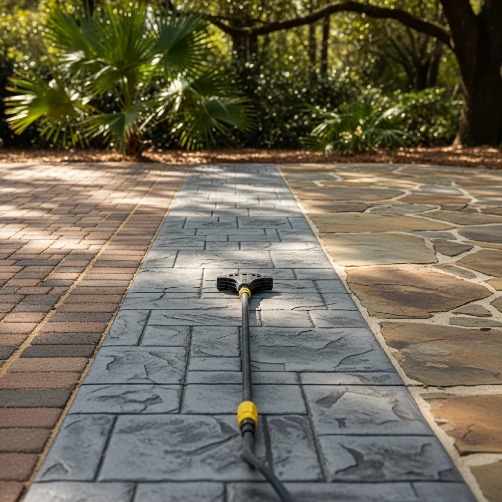 Patio & Concrete Cleaning in Thomasville, GA — Outdoor patio in Thomasville, GA showing brick pavers, stamped concrete and natural flagstone side by side with a pressure washing wand resting on the surface