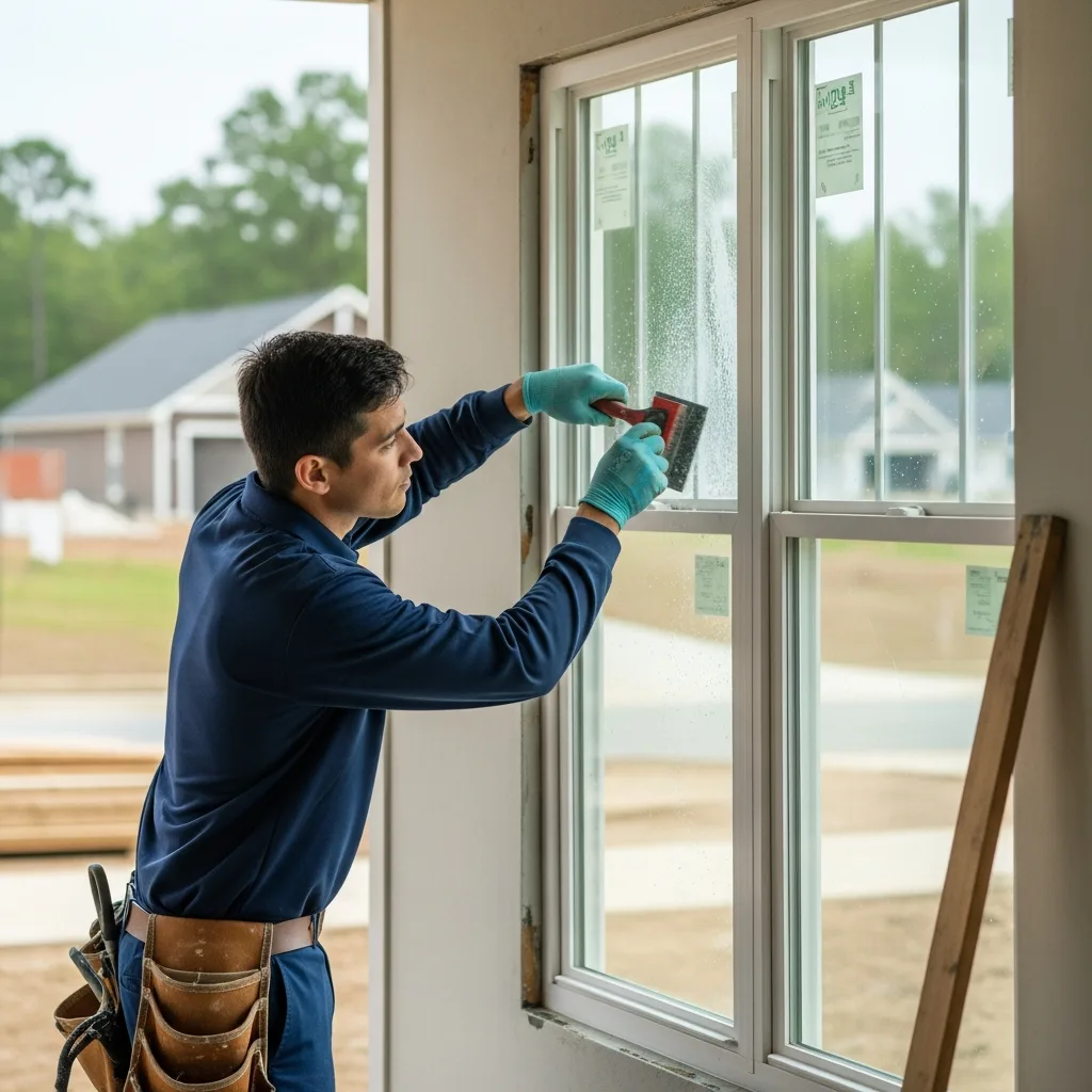 Post Construction Window Cleaning in Thomasville, GA — NU Drive Cleaning technician scraping construction residue off the windows of a brand-new Thomasville, GA home