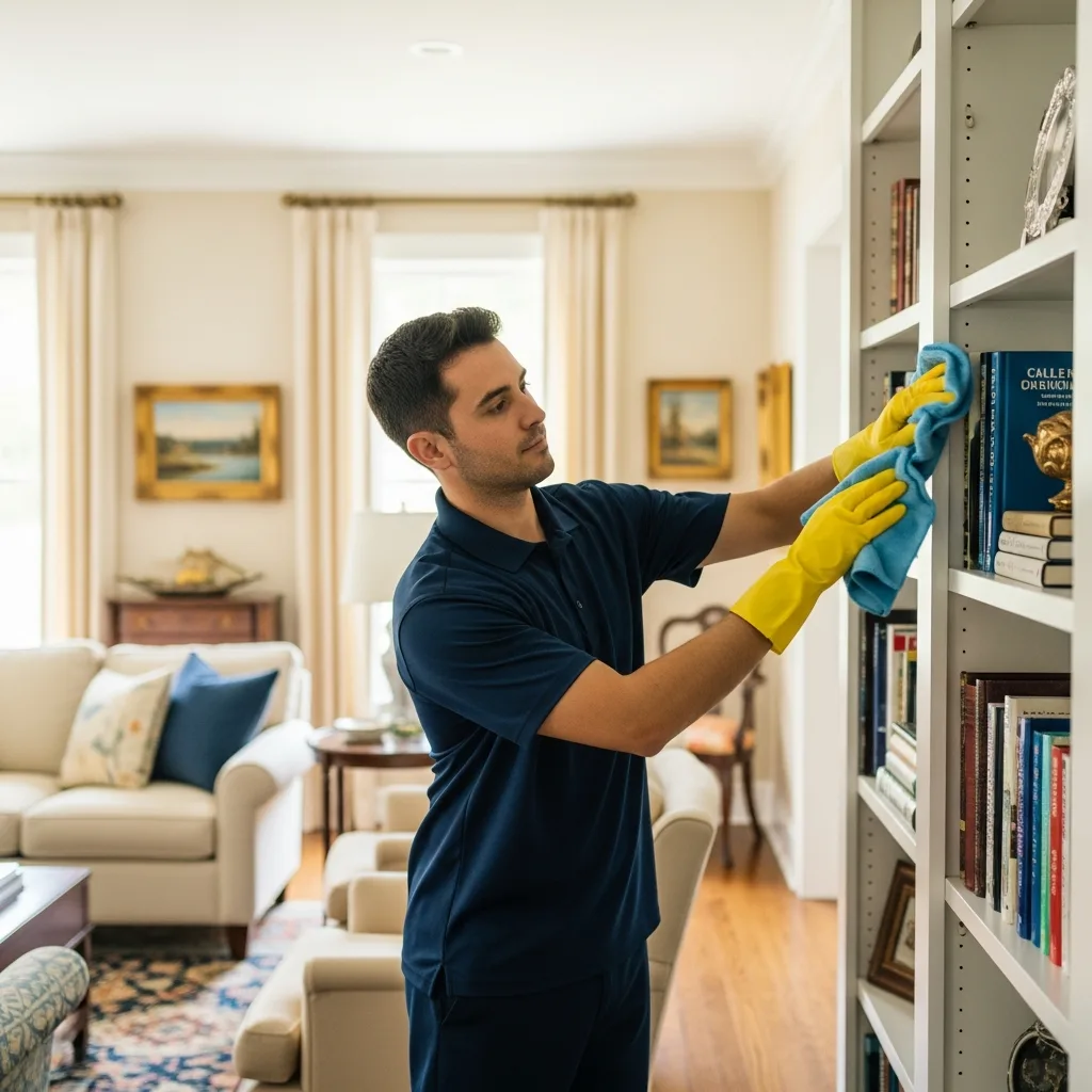 Recurring Cleaning in Thomasville, GA — NU Drive Cleaning technician dusting a bookshelf during a recurring cleaning visit in a Thomasville, GA living room