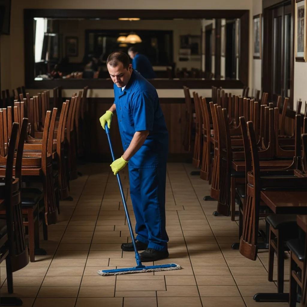 Restaurant Cleaning in Thomasville, GA — NU Drive Cleaning janitor mopping the dining room of a Thomasville, GA restaurant after closing