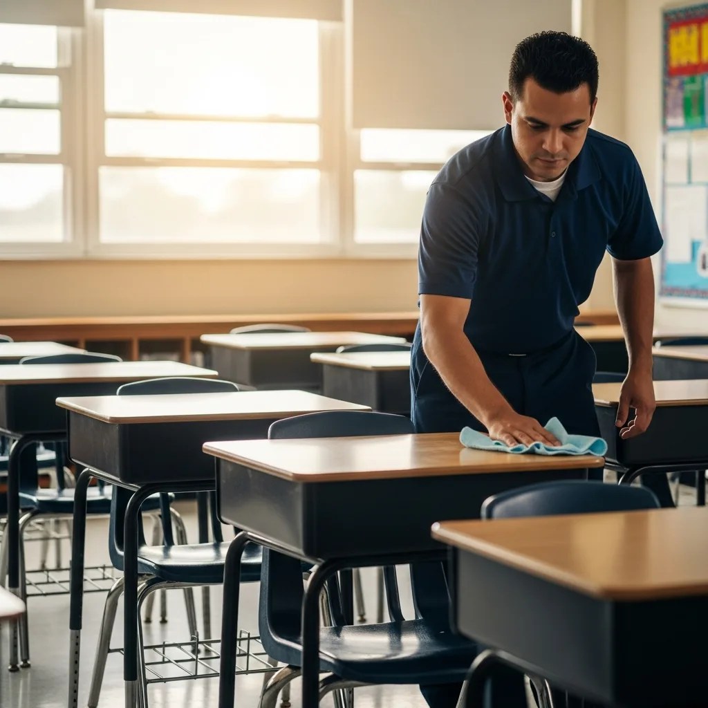 School Cleaning in Thomasville, GA — NU Drive Cleaning janitor wiping down student desks in a Thomasville, GA elementary school classroom after hours