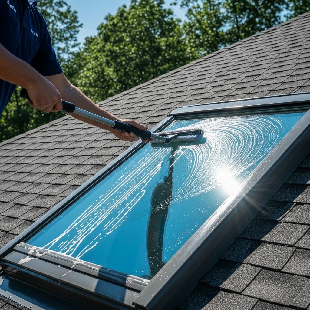 Skylight Cleaning in Thomasville, GA — NU Drive Cleaning window cleaner using a soft squeegee on an extension pole to clean a residential roof skylight in Thomasville, GA