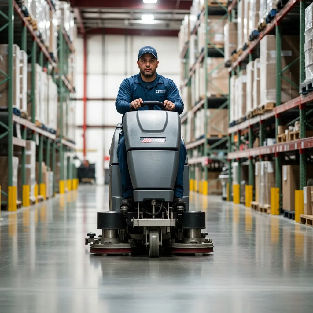 Warehouse Cleaning in Thomasville, GA — NU Drive Cleaning janitor running a walk-behind floor scrubber across a polished concrete warehouse floor in Georgia
