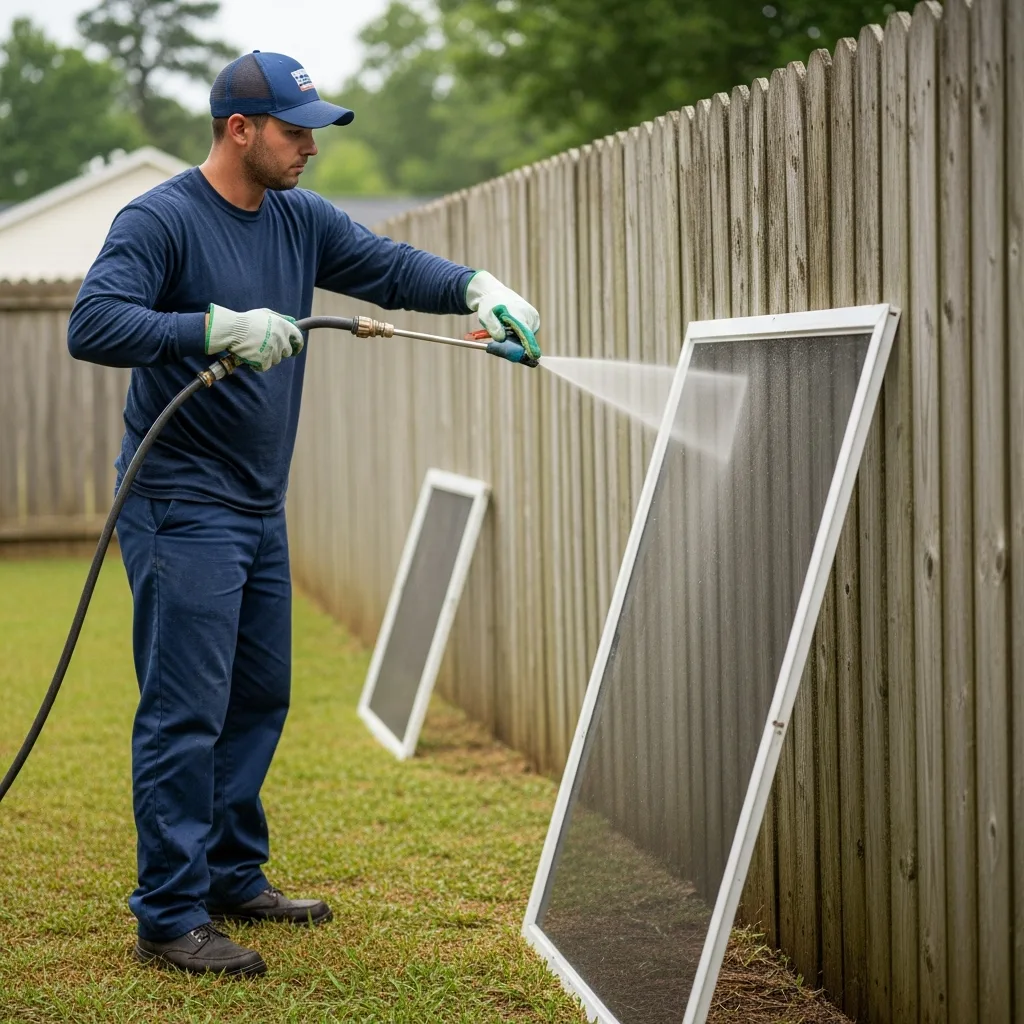 Window Screen Cleaning in Thomasville, GA — NU Drive Cleaning window cleaner spraying down a removed window screen in a Thomasville, GA backyard